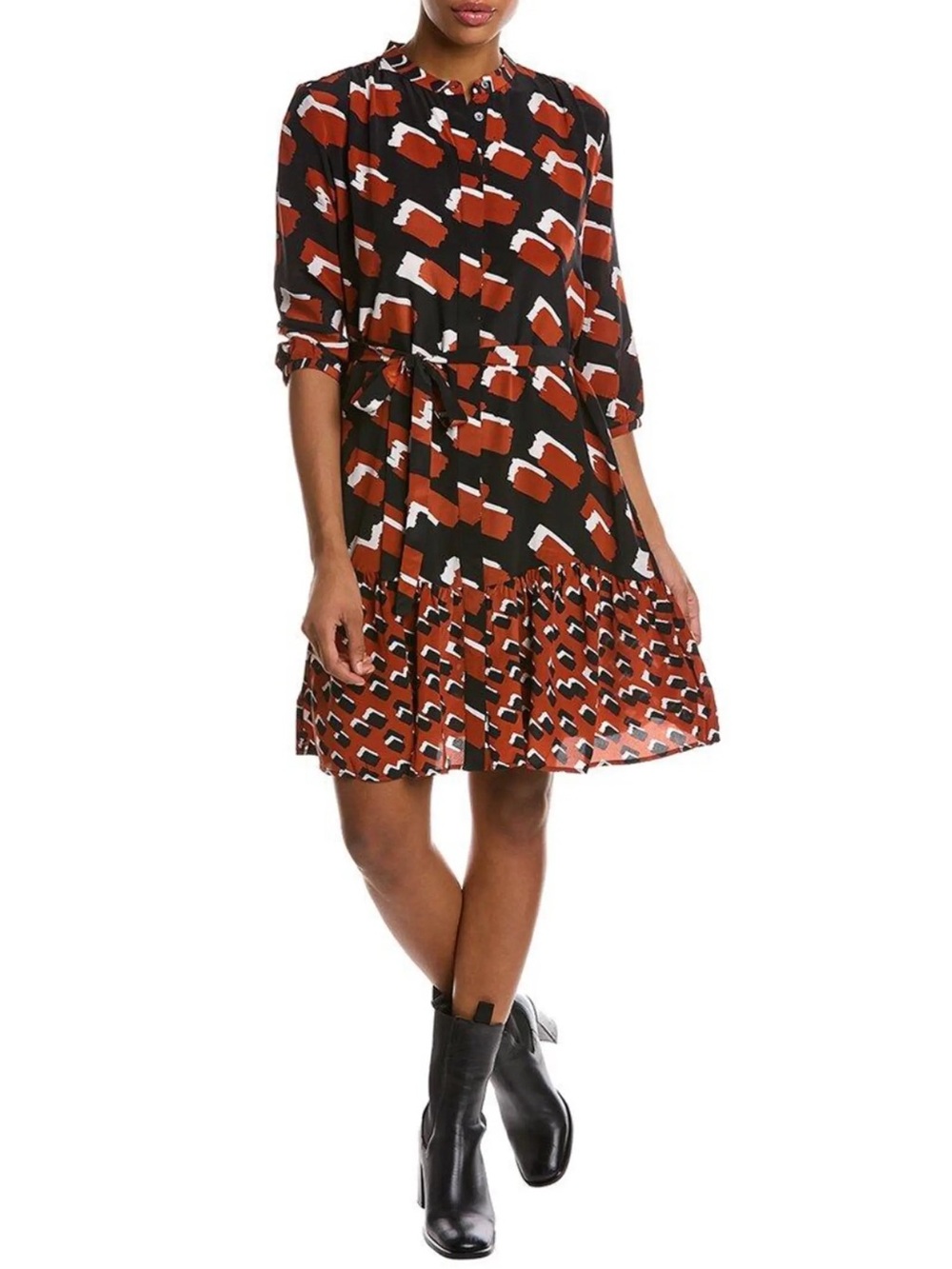 Tyler Bowle 100% silk brushstroke Print Tie-Waist Dress in Rust and black $300